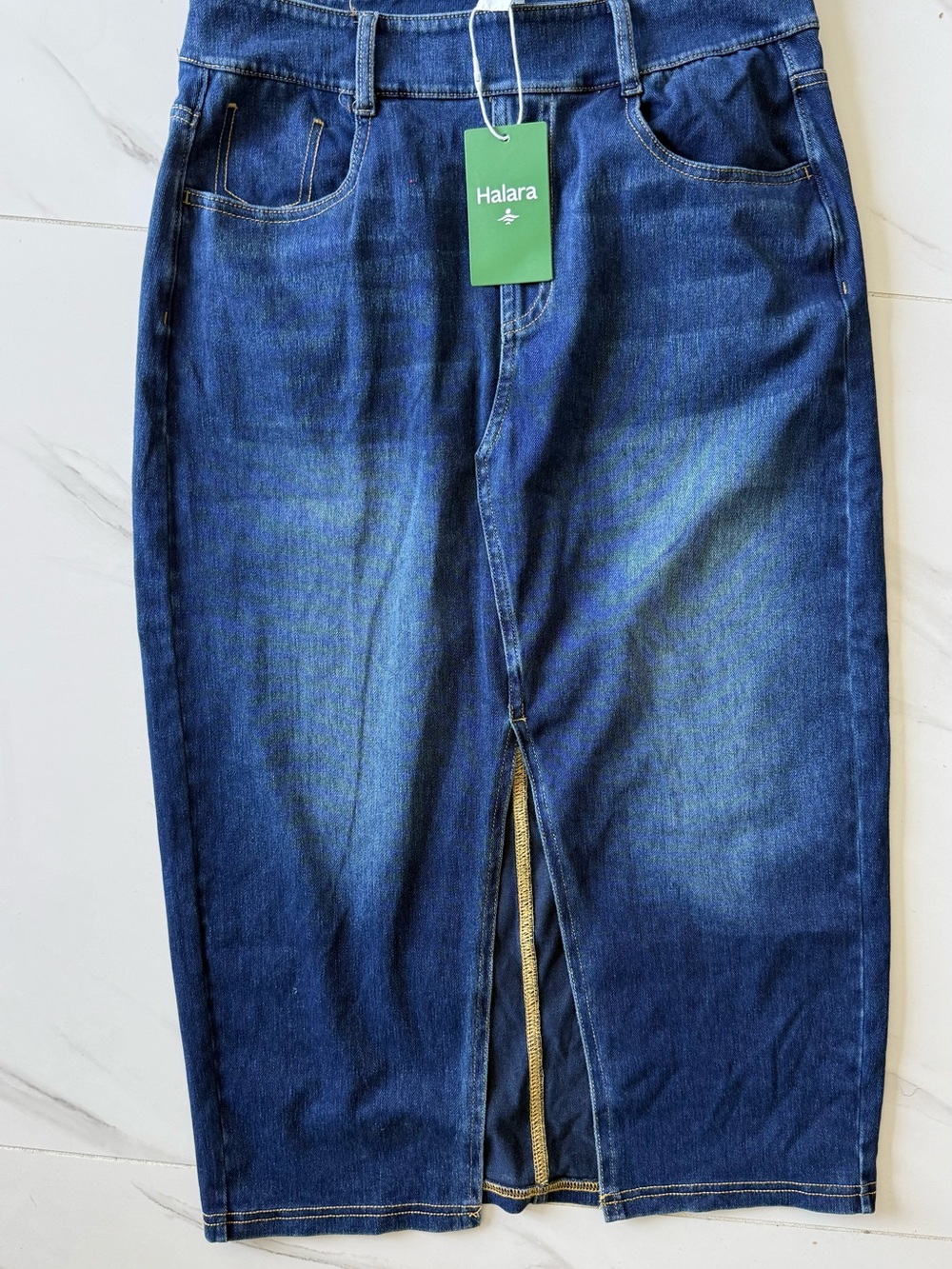 HALARA Dark Blue Straight-Leg Denim Skirt-Style Jeans with Front Slit